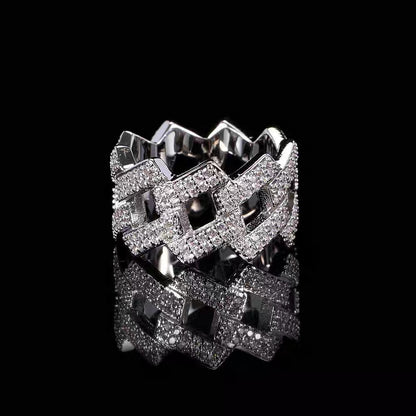 Super shiny diamond-filled Cuban chain ring, men's European and American hip-hop trendy ring, street rap personality accessories