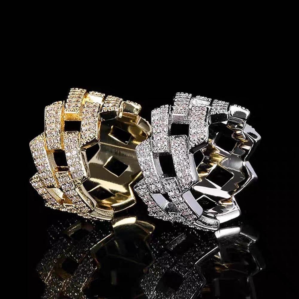 Super shiny diamond-filled Cuban chain ring, men's European and American hip-hop trendy ring, street rap personality accessories